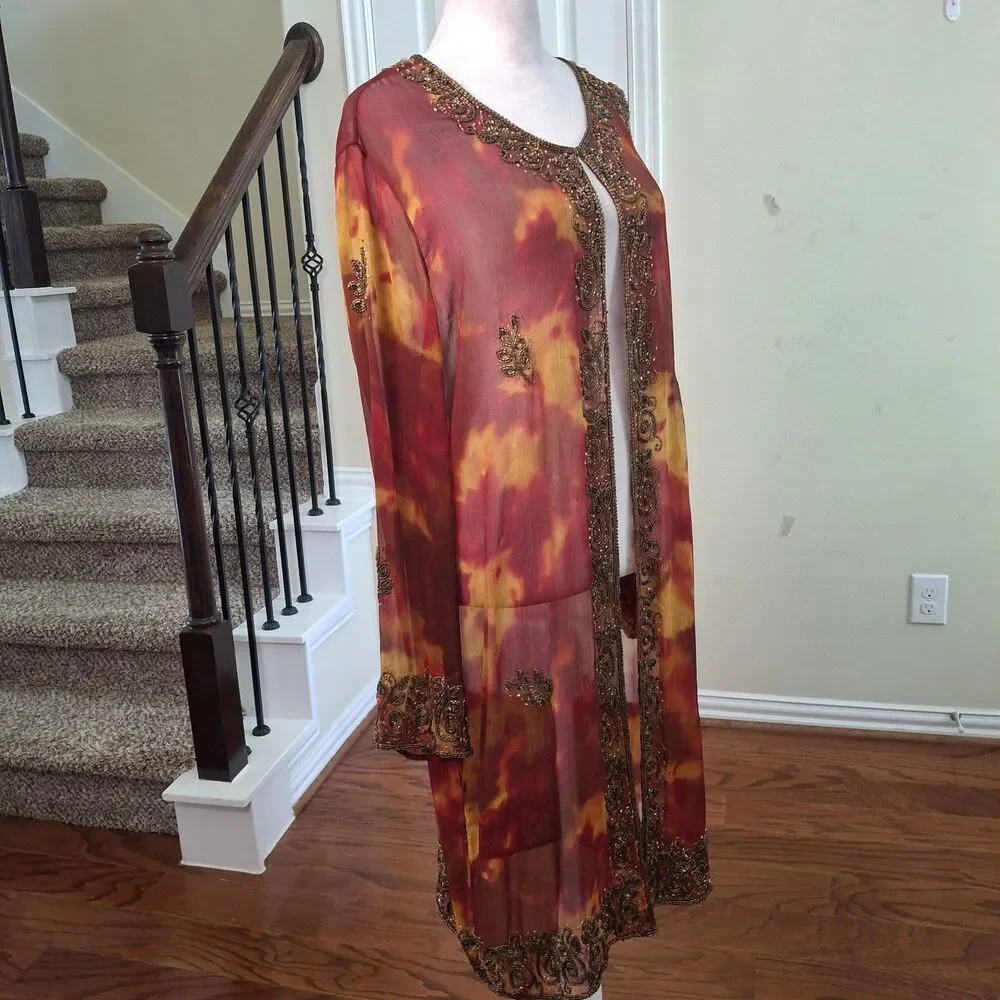 INDIGO MOON Beaded Long Open Duster Kimono Tie Dye Gold Red Medium Boho Vacation
